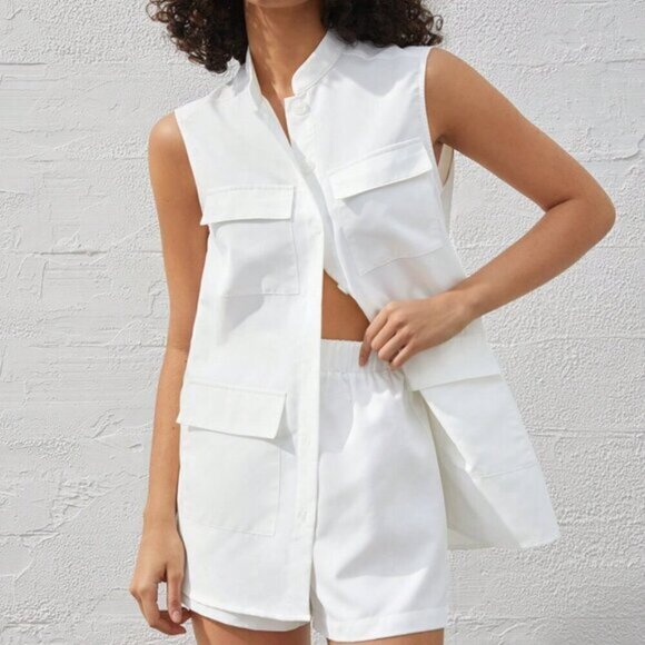 White Casual Women's Flip Pocket Front Sleeveless Top And Shorts Set - Picture 9 of 9